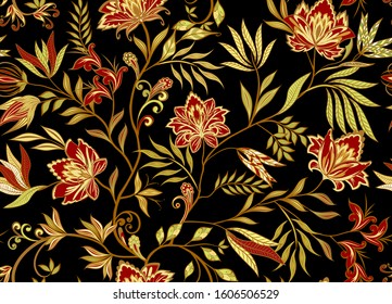 Seamless Pattern In Ethnic Traditional Style. Abstract Vintage Pattern With Decorative Flowers, Leaves And Paisley Pattern In Oriental Style.