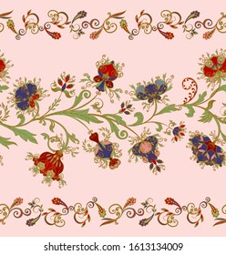Seamless pattern in ethnic traditional style. Abstract vintage pattern with decorative flowers, leaves and Paisley pattern in Oriental style.