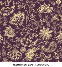 Seamless pattern in ethnic traditional style. Abstract vintage pattern with decorative flowers, leaves and Paisley pattern in Oriental style.