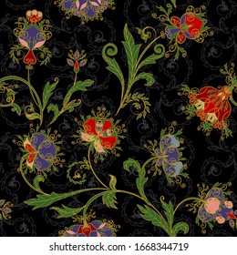 Nahtloses Muster im traditionellen ethnischen Stil. Abstraktes Vintage-Muster mit dekorativen Blumen, Blättern und Paisley-Muster im orientalischen Stil.