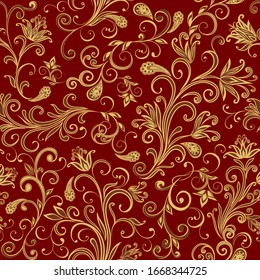 Seamless pattern in ethnic traditional style. Abstract vintage pattern with decorative flowers, leaves and Paisley pattern in Oriental style.