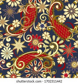 Nahtloses Muster im traditionellen ethnischen Stil. Abstraktes Vintage-Muster mit dekorativen Blumen, Blättern und Paisley-Muster im orientalischen Stil.
