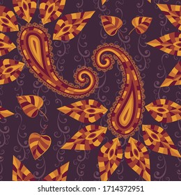 Seamless pattern in ethnic traditional style. Abstract vintage pattern with decorative flowers, leaves and Paisley pattern in Oriental style.