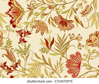 Seamless pattern in ethnic traditional style. Abstract vintage pattern with decorative flowers, leaves and Paisley pattern in Oriental style.