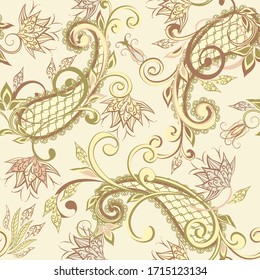 Nahtloses Muster im traditionellen ethnischen Stil. Abstraktes Vintage-Muster mit dekorativen Blumen, Blättern und Paisley-Muster im orientalischen Stil.