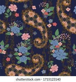 Seamless pattern in ethnic traditional style. Abstract vintage pattern with decorative flowers, leaves and Paisley pattern in Oriental style.