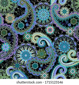 Seamless pattern in ethnic traditional style. Abstract vintage pattern with decorative flowers, leaves and Paisley pattern in Oriental style.
