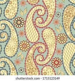 Seamless pattern in ethnic traditional style. Abstract vintage pattern with decorative flowers, leaves and Paisley pattern in Oriental style.