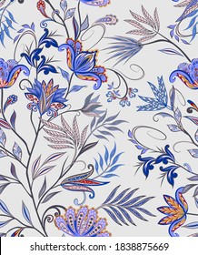 Patrón sin foco de estilo étnico tradicional. Patrón abstracto vintage con flores decorativas, hojas y patrón Paisley en estilo oriental.