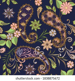 Seamless pattern in ethnic traditional style. Abstract vintage pattern with decorative flowers, leaves and Paisley pattern in Oriental style.