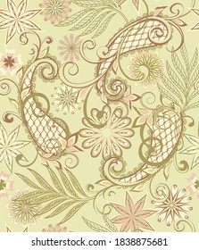 Nahtloses Muster im traditionellen ethnischen Stil. Abstraktes Vintage-Muster mit dekorativen Blumen, Blättern und Paisley-Muster im orientalischen Stil.