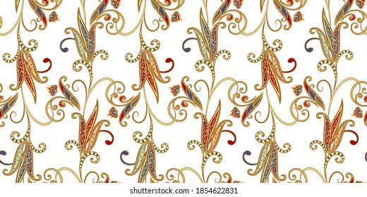 Seamless pattern in ethnic traditional style. Abstract vintage pattern with decorative flowers, leaves and Paisley pattern in Oriental style.