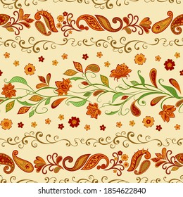 Seamless pattern in ethnic traditional style. Abstract vintage pattern with decorative flowers, leaves and Paisley pattern in Oriental style.