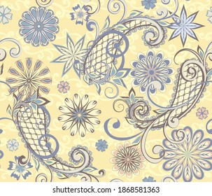 Patrón sin foco de estilo étnico tradicional. Patrón abstracto vintage con flores decorativas, hojas y patrón Paisley en estilo oriental.