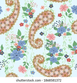 Seamless pattern in ethnic traditional style. Abstract vintage pattern with decorative flowers, leaves and Paisley pattern in Oriental style.