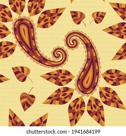 Patrón sin foco de estilo étnico tradicional. Patrón abstracto vintage con flores decorativas, hojas y patrón Paisley en estilo oriental.