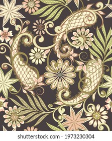 Seamless pattern in ethnic traditional style. Abstract vintage pattern with decorative flowers, leaves and Paisley pattern in Oriental style.