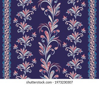 Seamless pattern in ethnic traditional style. Abstract vintage pattern with decorative flowers, leaves and Paisley pattern in Oriental style.