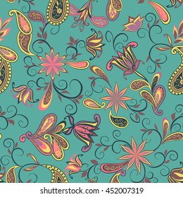 Seamless pattern in ethnic traditional style. The pattern of flowers and Paisley in Indian style.