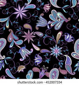 Seamless pattern in ethnic traditional style. The pattern of flowers and Paisley in Indian style.
