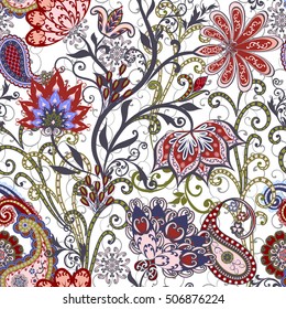 Seamless pattern in ethnic traditional style. The pattern of mandalas and Paisley pattern in Indian style.