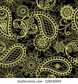 Seamless pattern in ethnic traditional style. The pattern of mandalas, flowers and Paisley pattern in Oriental style.