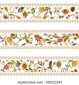 Seamless pattern in ethnic traditional style. Abstract vintage pattern with decorative flowers, leaves and Paisley pattern in Oriental style.