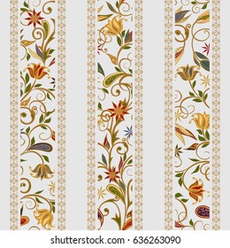 Seamless pattern in ethnic traditional style. Abstract vintage pattern with decorative flowers, leaves and Paisley pattern in Oriental style.