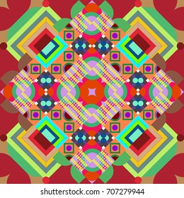 Seamless pattern in ethnic traditional style. Vector oriental style in red, orange and green colors. Abstract vintage pattern with decorative tiles pattern.