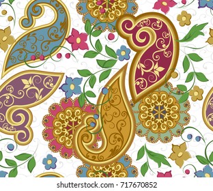Seamless pattern in ethnic traditional style. Abstract vintage pattern with decorative flowers, leaves and Paisley pattern in Oriental style.