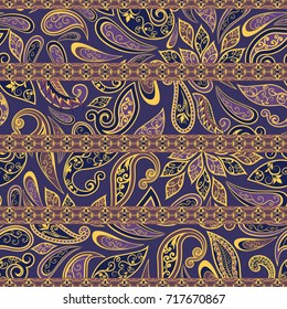 Seamless pattern in ethnic traditional style. Abstract vintage pattern with decorative flowers, leaves and Paisley pattern in Oriental style.
