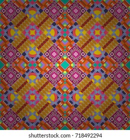 Seamless pattern in ethnic traditional style. Abstract vintage pattern with decorative tiles pattern. Vector oriental style in violet, yellow and orange colors.