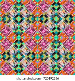 Seamless pattern in ethnic traditional style. Abstract vintage pattern with decorative tiles pattern. Vector oriental style in green, neutral and orange colors.