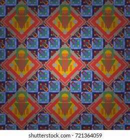 Seamless pattern in ethnic traditional style. Abstract vintage pattern with decorative tiles pattern. Vector oriental style in pink, blue and violet colors.