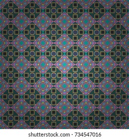 Seamless pattern in ethnic traditional style. Abstract vintage pattern with decorative tiles pattern. Vector oriental style in beige, green and blue colors.