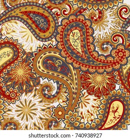 Seamless pattern in ethnic traditional style. Abstract vintage pattern with decorative flowers, leaves and Paisley pattern in Oriental style.