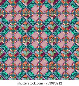 Seamless pattern in ethnic traditional style. Abstract vintage pattern with decorative tiles pattern. Vector oriental style in blue, pink and green colors.