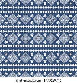 Seamless pattern of ethnic tribal floral white color motif on dark background. Contemporary geometric abstract flat endless fabric vector for wallpaper.