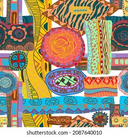 Seamless pattern with ethnic Zambia patterns collection. Tribal African ornaments and textures. Colourful vector illustration