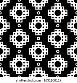 Seamless pattern. Ethnical folk motif. Inca crosses, circles ornament. Ethnic embroidery wallpaper. Tribal image. Tribe background. Ancient mosaic. Digital paper for web design, textile print. Vector.