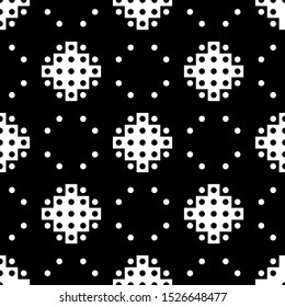 Seamless pattern. Ethnical folk wallpaper. Inca crosses, circles image. Ethnic embroidery ornament. Tribal background. Tribe motif. Ancient mosaic. Digital paper for web design, textile print. Vector.