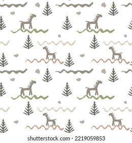 Seamless pattern in ethno style. abstract horse and Christmas tree pattern. print for fabric and wrapping paper. pastel colors