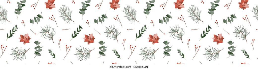 Seamless pattern with eucalyptus, berries, spruce, poinsettia. Winter illustration on white background. Perfect for Christmas greeting cards, invitation, wrapping paper, textile. Vector flat art