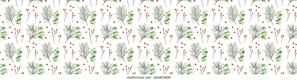Seamless pattern with eucalyptus, berries and spruce. Winter illustration on white background. Perfect for Christmas greeting cards, invitation, wrapping paper, textile. Vector flat illustration