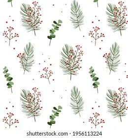 Seamless pattern: eucalyptus, berries, spruce, poinsettia. Winter illustration on a white background. Perfect for Christmas cards, invitations, wrapping paper, textiles. Flat art vector.