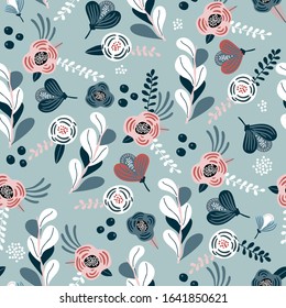Seamless pattern with eucalyptus branches, flowers, berries and leaves. Creative flower texture. Great for fabric, textile vector illustration.