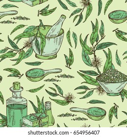 Seamless pattern with eucalyptus, essential oil, soap, bath salt and mortar and pestle. Cosmetic, perfumery and medical plant. Vector hand drawn illustration