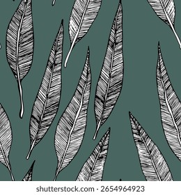 Nahtloses Muster mit Eukalyptus. Exotische tropische Vektorgrafik, handgezeichnet. Dekorativer Hintergrund mit Blättern eukalyptisch. Moderne Kompositionen für Tapete, Stoff, Textil.
