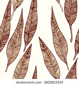 Seamless pattern with eucalyptus. Exotic tropical vector hand drawn illustration. Decorative background with leaves eucalypt. Modern compositions for wallpaper, fabric, textile.