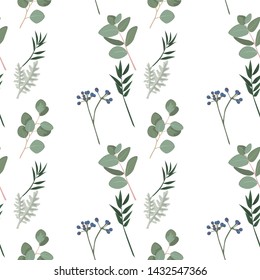 Seamless pattern with eucalyptus, greenery. Vintage floral background. Vector illustration